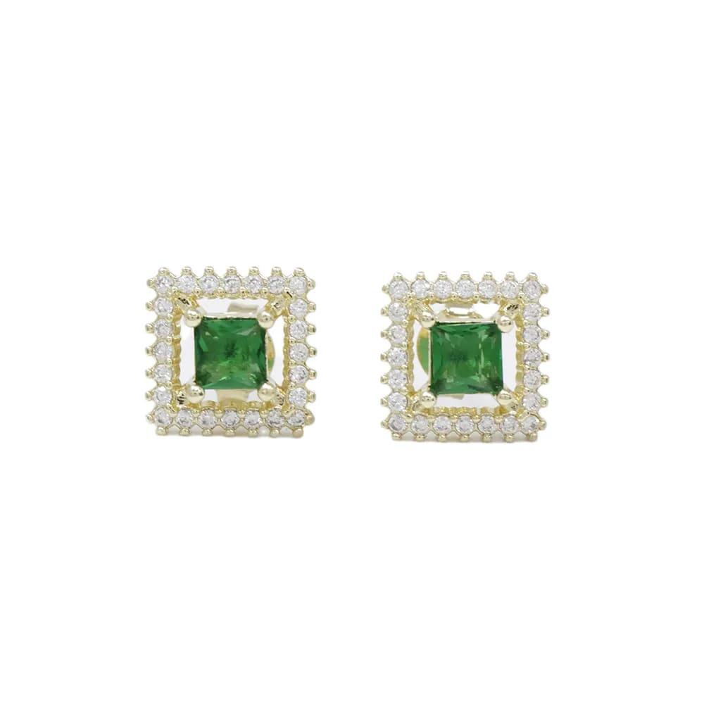 Aretes cuadrados con piedra verde y baño de oro